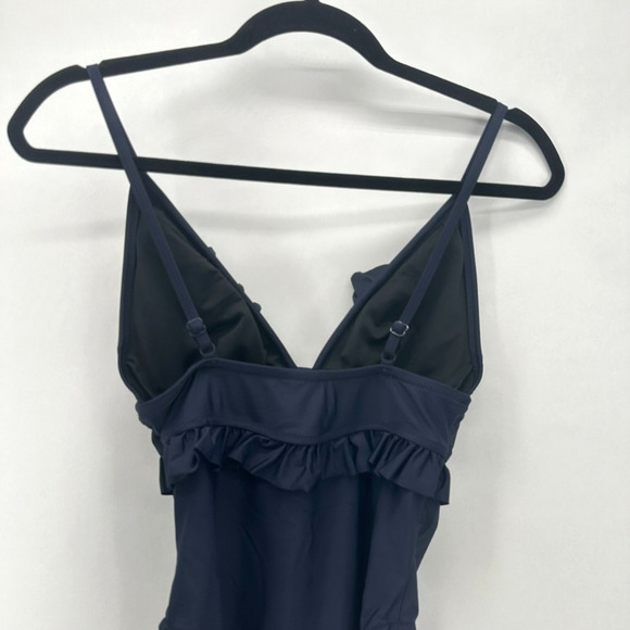 J. Crew Ruffle Deep-V One‎ Piece Swimsuit Size 4 Blue Padded Beach Preppy Pin Up - Picture 6 of 11